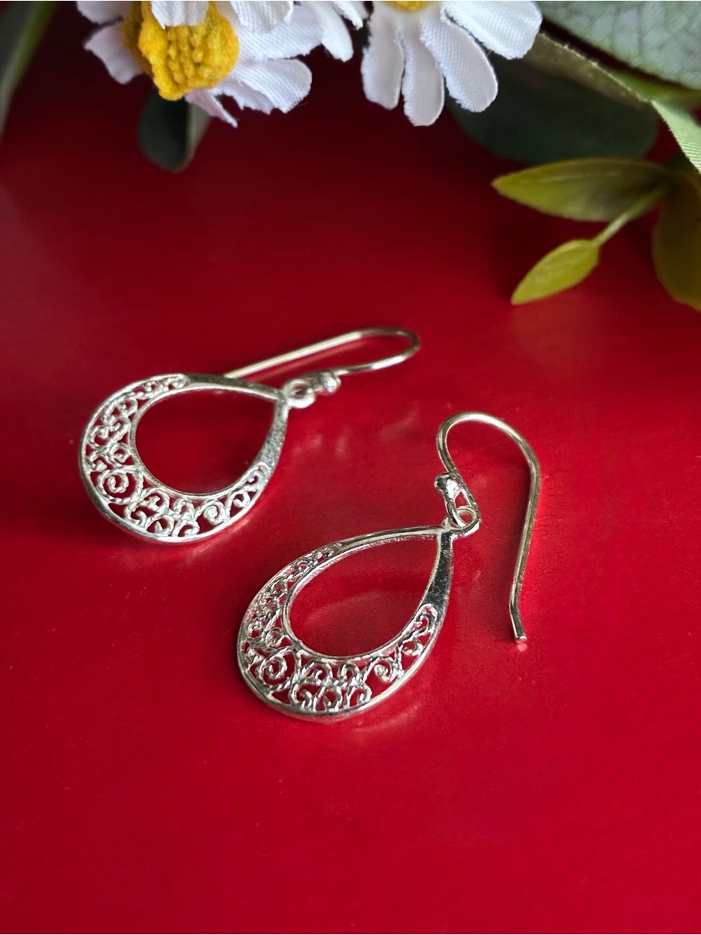 925 Silver Filigree Teardrop Hook Earrings - Silver